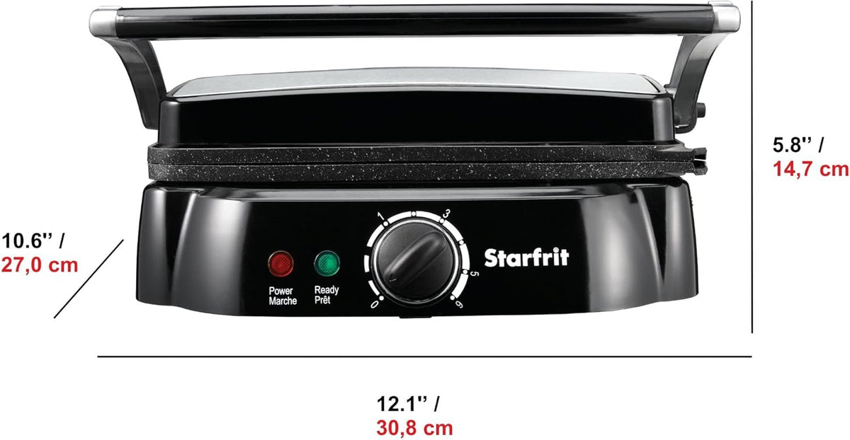 Starfrit The Rock Panini Press - Rock.Tec Non-Stick Reversible Plate - Opens 180 Degrees - Adjustable Temperate Control - PuriLite