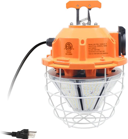 150W High Bay Outdoor Temporary LED Work Light 22500Lm 5000K Daylight White with Stainless Steel Guard and Hook Portable Hanging Lighting for Construction Job Site - PuriLite
