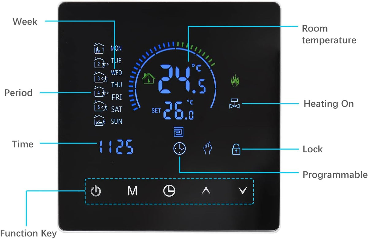 Thermostat, Manual Auto Mode Weekly Programmable Smart Thermostat Smart Home with Touch Button LCD Screen for Water Heating Systems (Electric Heating) - PuriLite