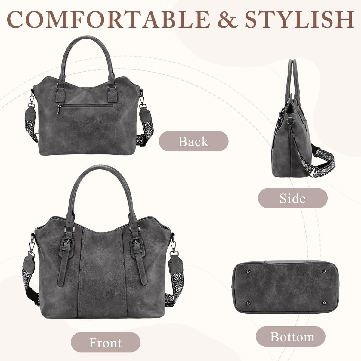 Hobo Bags for Women,VASCHY Vegan Leather Handbag Purse Top Handle Satchel Boho Shoulder Bag with Crossbody Guitar Strap - PuriLite