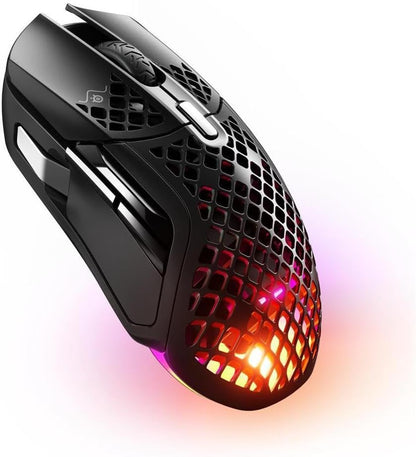 SteelSeries Aerox 5 Wireless RGB Gaming Mouse – Ultra-Lightweight Holey Design, 9 Programmable Buttons, Bluetooth & 2.4GHz, 18K DPI Optical Sensor, Water Resistant - PuriLite