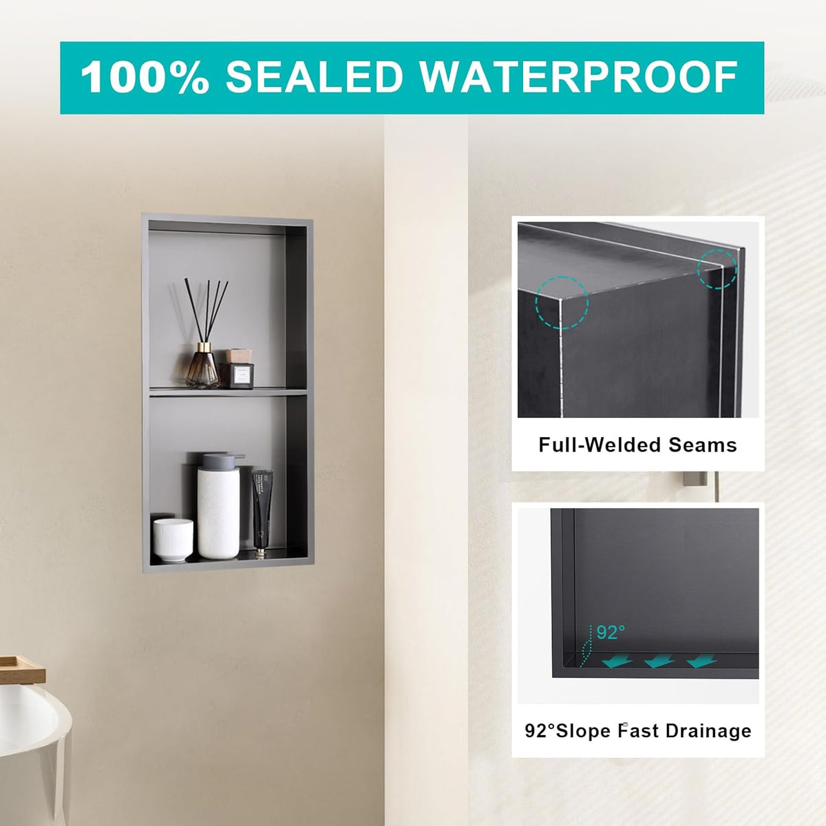 MENATT No Tile Shower Niche, Stainless Steel Wall Niche 13"X19"(Inner Size 12"X18"), Two-Tier Bathroom Shelf, NO Tile Needed Recessed Niche Shower for Bathroom Storage, Black - PuriLite