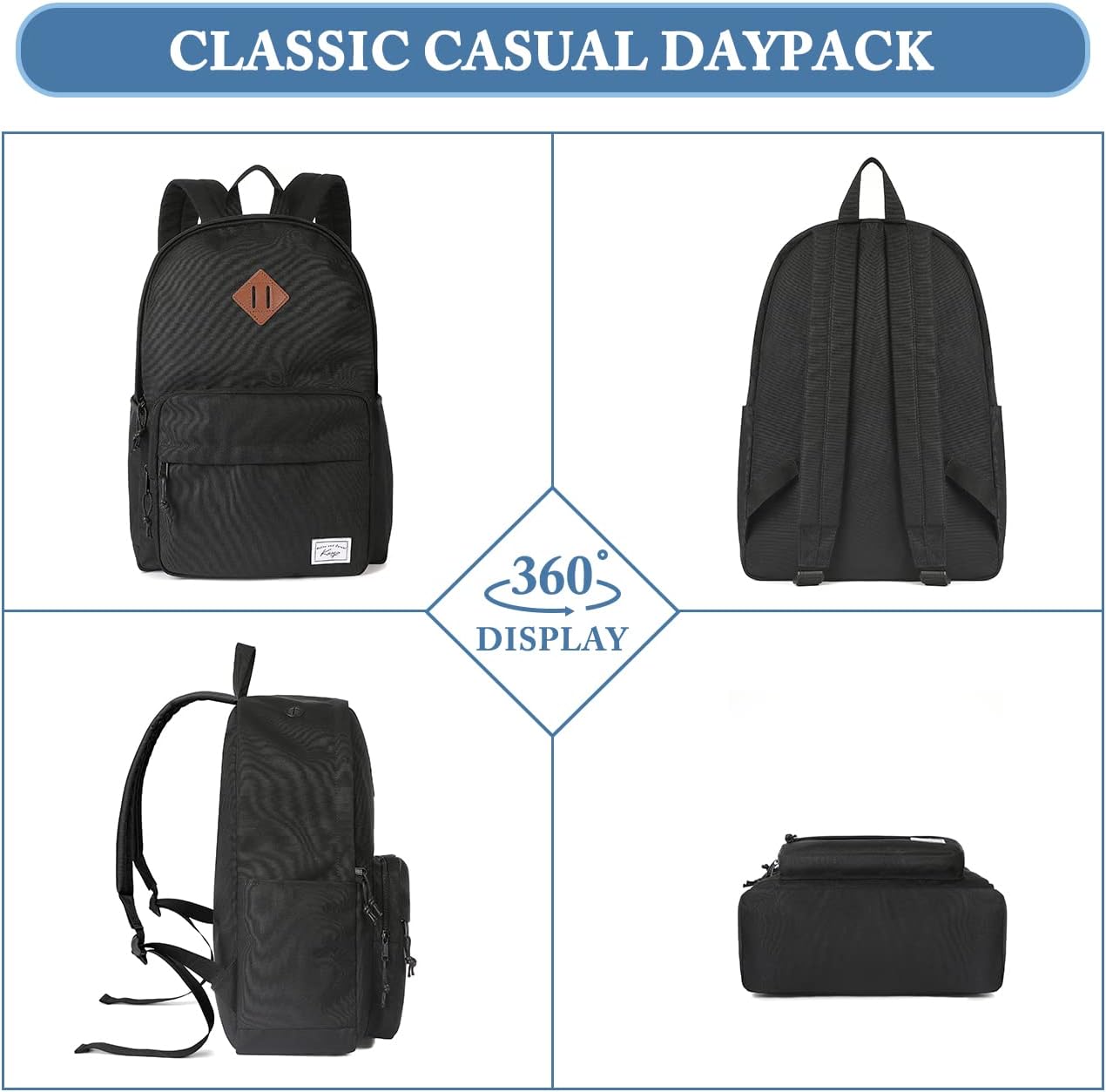 School Backpack, Kasqo 15.6 Inch Classic Lightweight Water-Resistant Backpack for Men Women Teens Girls Boys Kids to School, College, Travel, Work, Black - PuriLite