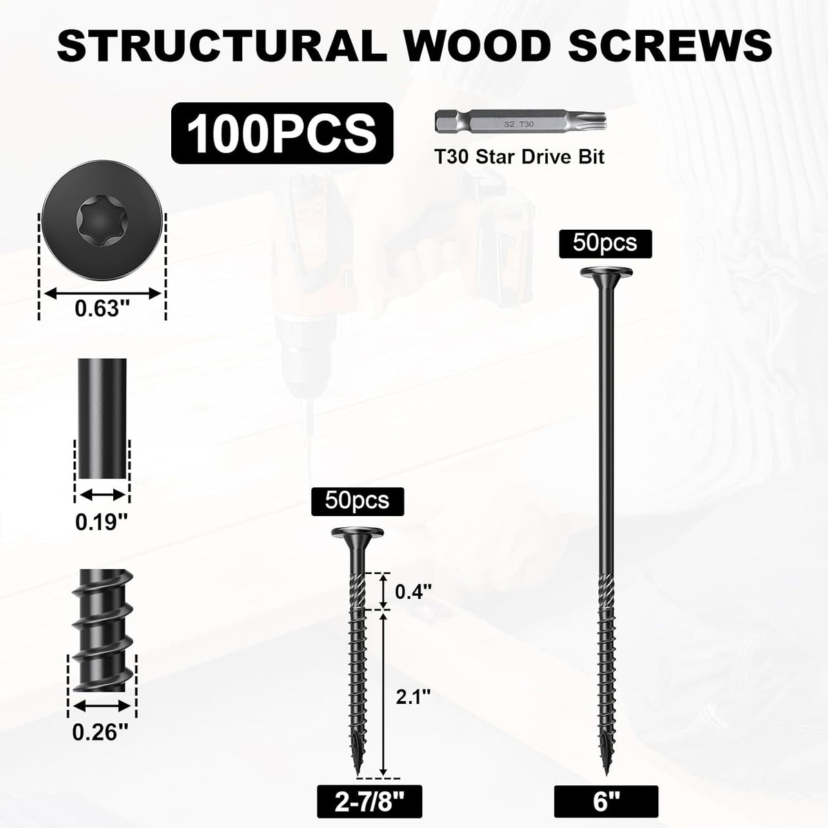 FMhotu 6 Inch Heavy-Duty Outdoor Deck Screws, 50Pcs Star Drive Decking Wood Screws, Rust Resistant Timber Screws for Timber/Log/Landscaping Wood (#14 x 6 Black - PuriLite