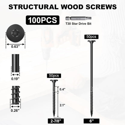 FMhotu 6 Inch Heavy-Duty Outdoor Deck Screws, 50Pcs Star Drive Decking Wood Screws, Rust Resistant Timber Screws for Timber/Log/Landscaping Wood (#14 x 6 Black - PuriLite