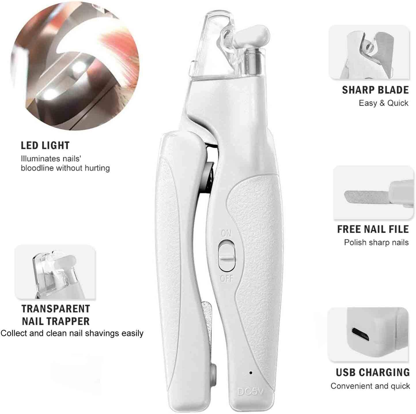 Pet Nail Clipper with LED Light for Dogs & Cats, Rechargeable Nails & Claws Trimmer Grooming, Safe Professional Trimming Tool with Nail Trapper & Free Nail File, Quick-Sensor Razor Sharp Blades - PuriLite