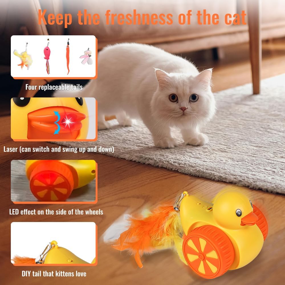 Interactive Cat Toys for Indoor Cats, Automatic Moving Cat Toy with Laser, Rechargeable Random Movement Duck Cat Toy for Bored Cats/Kittens/Dogs, with 4 Replaceable Tails (Worm, Feather, Fish) - PuriLite