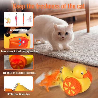 Interactive Cat Toys for Indoor Cats, Automatic Moving Cat Toy with Laser, Rechargeable Random Movement Duck Cat Toy for Bored Cats/Kittens/Dogs, with 4 Replaceable Tails (Worm, Feather, Fish) - PuriLite