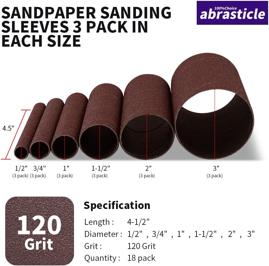 18 Pack Spindle Sander Sleeves, Sanding Sleeves for Oscillating Sander, 80 150 240 Assorted Grit Sandpaper, 4-1/2" Length, 1/2",3/4",1",1-1/2", 2", 3" Diameter - PuriLite