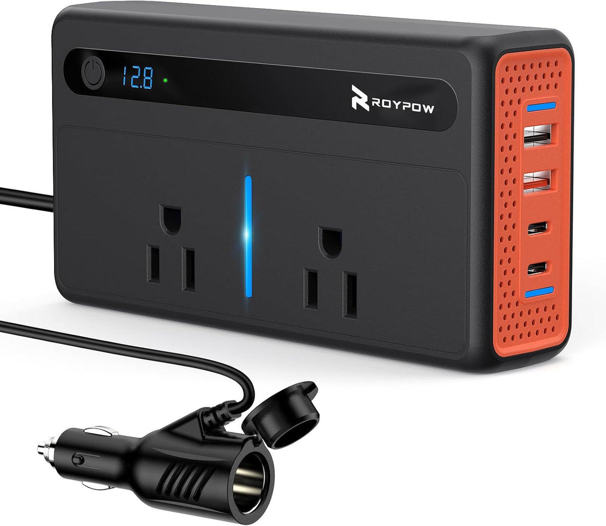 RoyPow 200W Car Power Inverter, DC 12V to 110V AC Power Inverter with Cigarette Lighter Port, Car Plug Adapter Outlet with 3.4A USB-A, QC3.0 24W, PD 30W, PD 36W, Dual AC Outlets, Car Charger Adapter - PuriLite