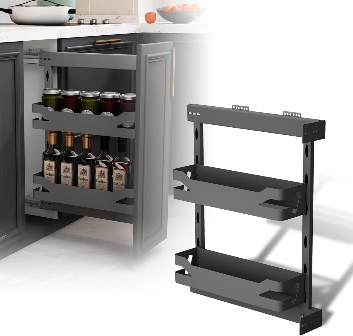 VADANIA Narrow Pull Out Cabinet Organizer, For 8" Cabinets 2-Tier Slim Cabinet Storage for with Solid Metal Trays, Soft Close Full-Extension Slides, Reversible Left or Right Side Mount