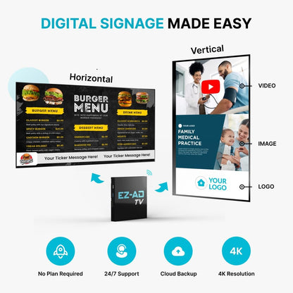 EZ-AD TV Digital Signage Player, Digital Signage 4k Player Kit, Auto-Post Content, Cloud-Controlled, Add Your PowerPoint Presentation, Free Plan & Mobile App, Thousands of Templates - PuriLite