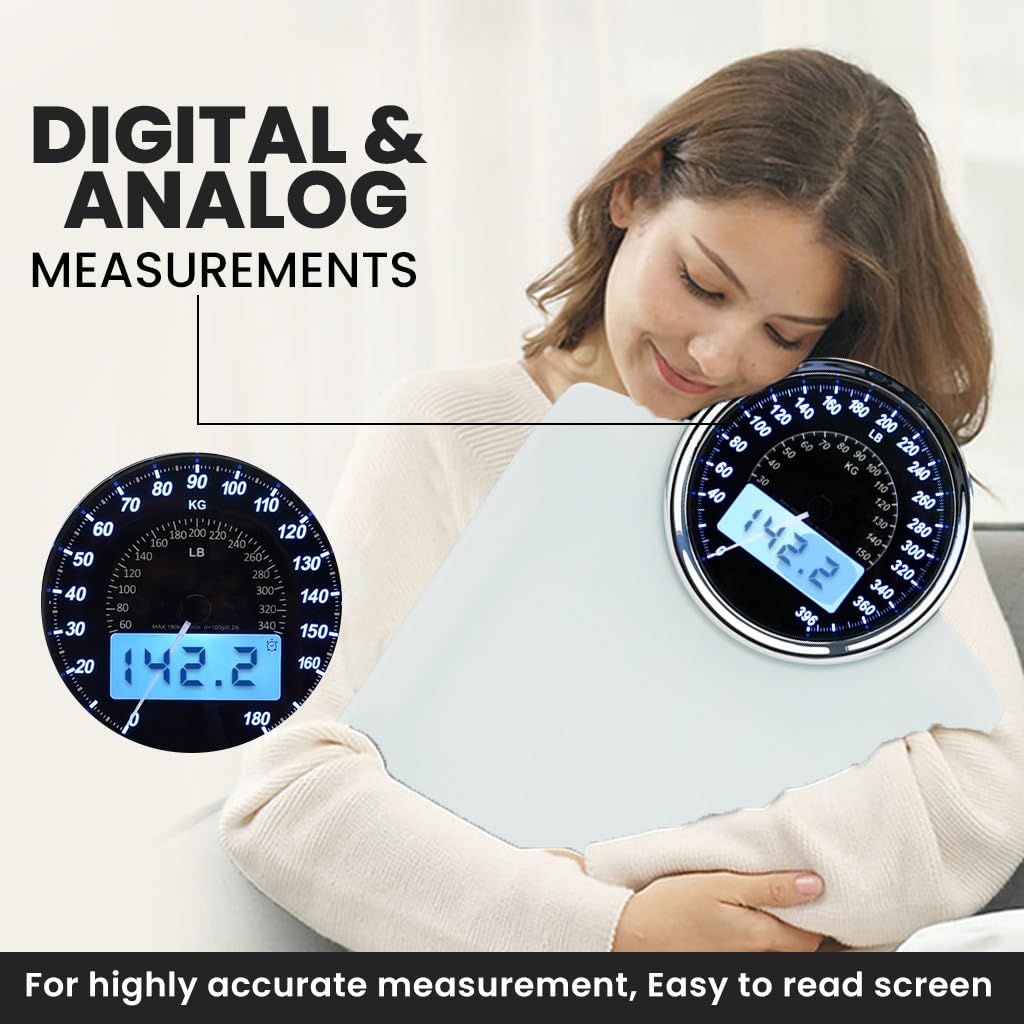 EILISON Highly Advance 2-in-1 Digital & Analog Weighing Scale for Body Weight-400lbs, 4 High Precison GX Sensor Accurate, Thick Tempered Glass, Extra Large Display (White) - PuriLite