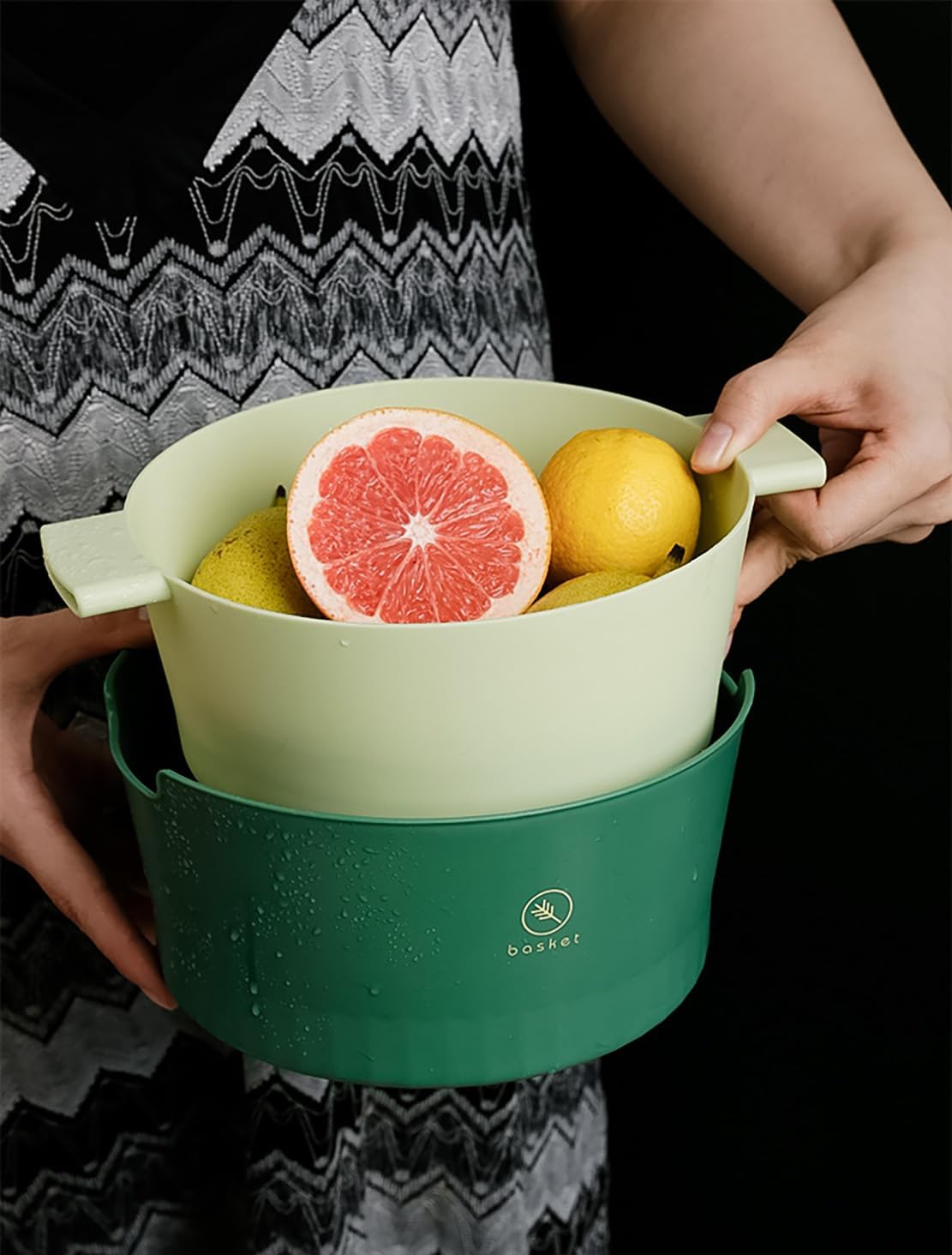 Kitchen Washbas Food Strainer Drain Basket Rotating Drainer Double-Layer Basin Vegetable Fruit Washing Strainer - PuriLite