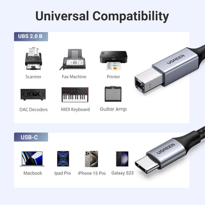 UGREEN USB C Printer Cable C to A Printer Scanner Braided MIDI Cable Compatible with DJ Controller, MIDI Keyboard, Digital Mixing Console, Piano Keyboard for MacBook Pro, iPad, 6ft - PuriLite