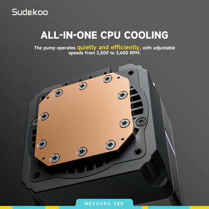 Sudokoo NEXAURA 240 Liquid CPU Cooler: 240mm AIO CPU Cooler with PWM Pump & ARGB Pump Head - Water Cooling with FDB Fans for Intel LGA 1851/1700/1200/115X AMD AM5/AM4 - Black - PuriLite
