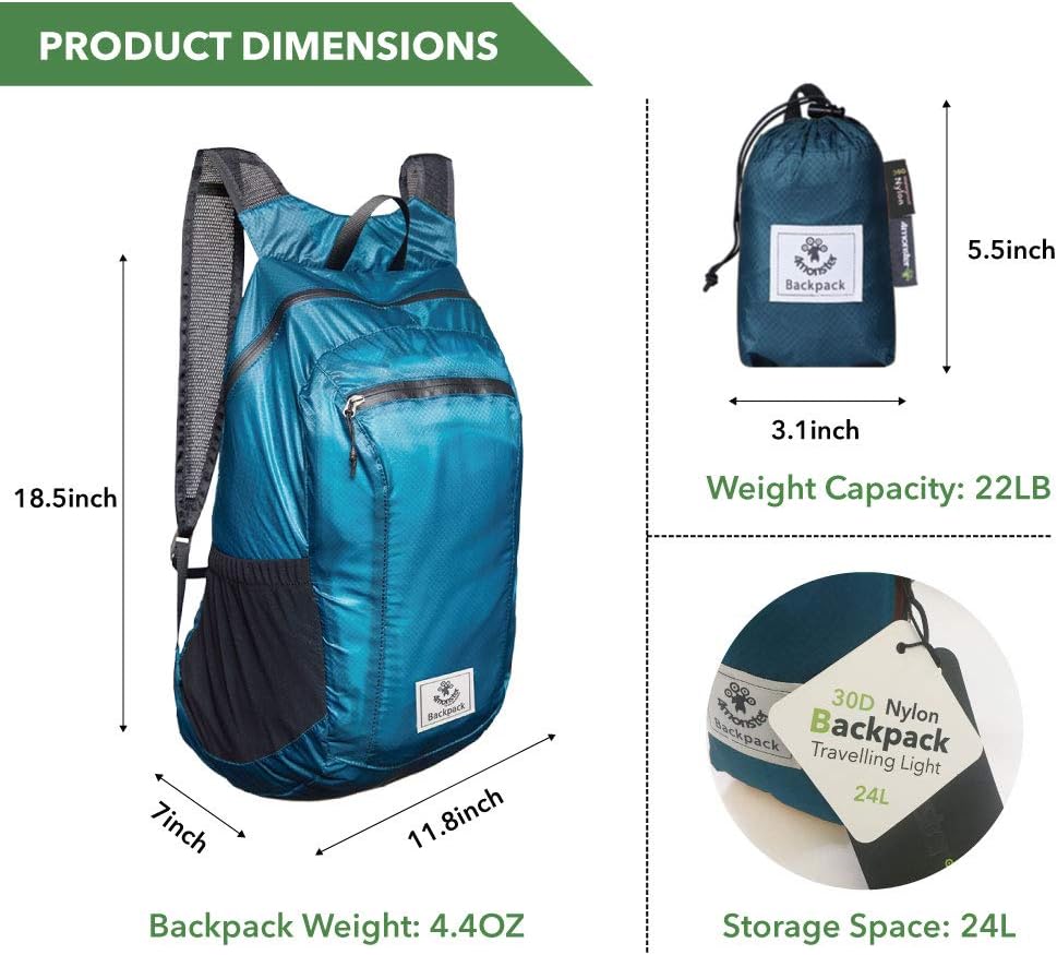 4Monster Hiking Daypack,Water Resistant Lightweight Packable Backpack for Travel Camping Outdoor - PuriLite