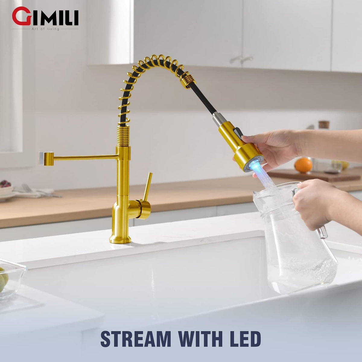 GIMILI Matte Black Kitchen Faucet with LED Light,Single Hole Spring Kitchen Sink Faucet with Pull Down Sprayer - PuriLite