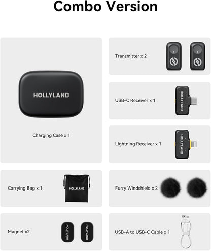 Hollyland Lark A1 Duo - Wireless Microphone USB C for iPhone 16/15 & Android (2TX + USB-C RX + Charging Case), Magnetic Mic for YouTube, TikTok, Podcast, Interviews (Black) - PuriLite