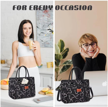 Lunch Bag for Women, Insulated Lunch Box for Work, Large Leakproof Cooler Purse with Side Pockets & Removable Shoulder Strap Women's Lunch Tote Bag for Picnic Work Beach Cute Lunch Bags (Heart) - PuriLite