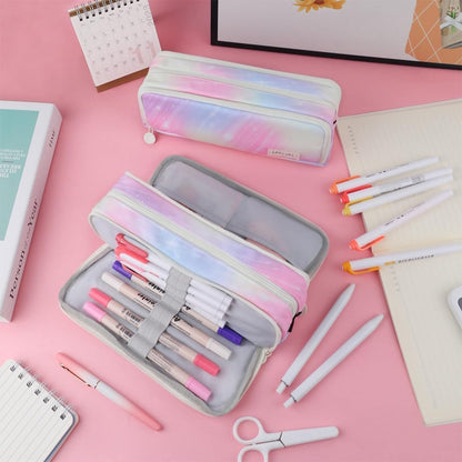Big Capacity Pencil Case, OLIYuMi 3 Compartment Pencil Pouch Pencil Bag Storage Box Stationery Organizer Makeup Bag with Zipper Closure for Student Office College Boys and Girls (Pink) - PuriLite