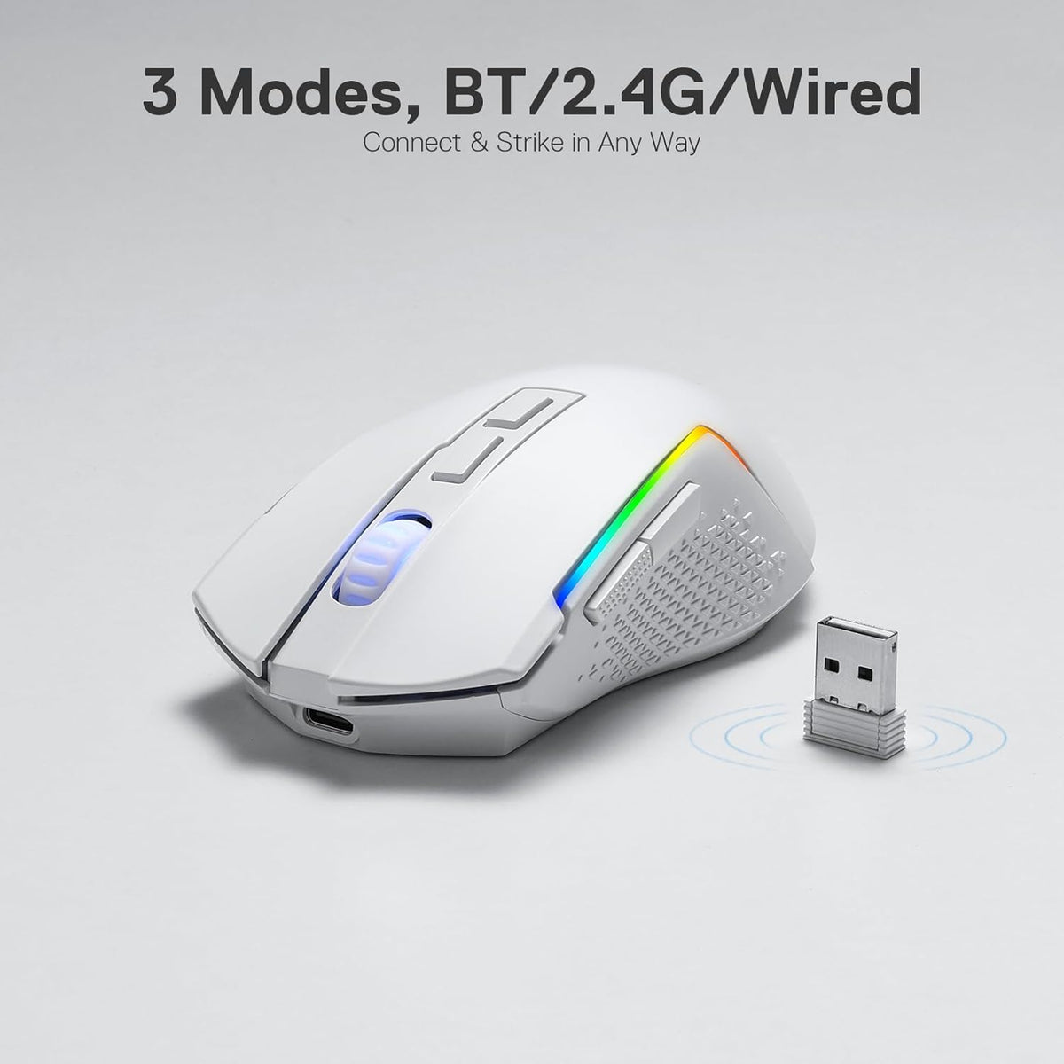 Redragon M693 Wireless Gaming Mouse, 8000 DPI Wired/Wireless Mouse w/ 3-Mode Connection, BT & 2.4G Wireless, 7 Macro Buttons, Durable Power Capacity for PC/Mac/Laptop - PuriLite
