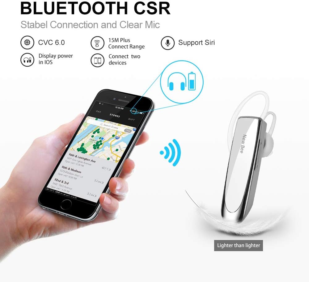 Bluetooth Headset New Bee 24Hrs V5.0 Bluetooth Earpiece Wireless Handsfree Driving Headset with Noise Canceling Mic Headset Case for iPhone Samsung Android Mobile Cell Phone Tablets Office - PuriLite