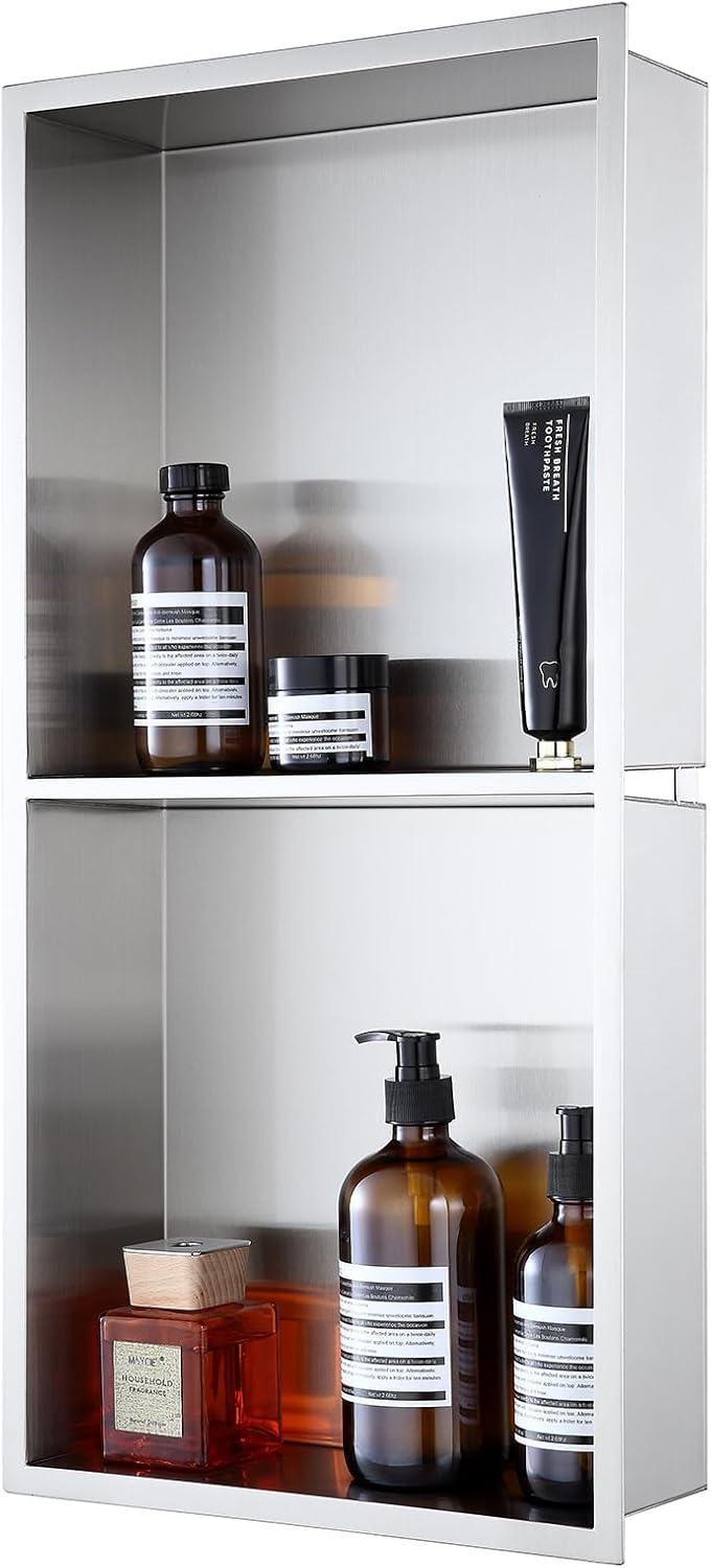 MENATT No Tile Shower Niche, Stainless Steel Wall Niche 13"X19"(Inner Size 12"X18"), Two-Tier Bathroom Shelf, NO Tile Needed Recessed Niche Shower for Bathroom Storage, Black - PuriLite