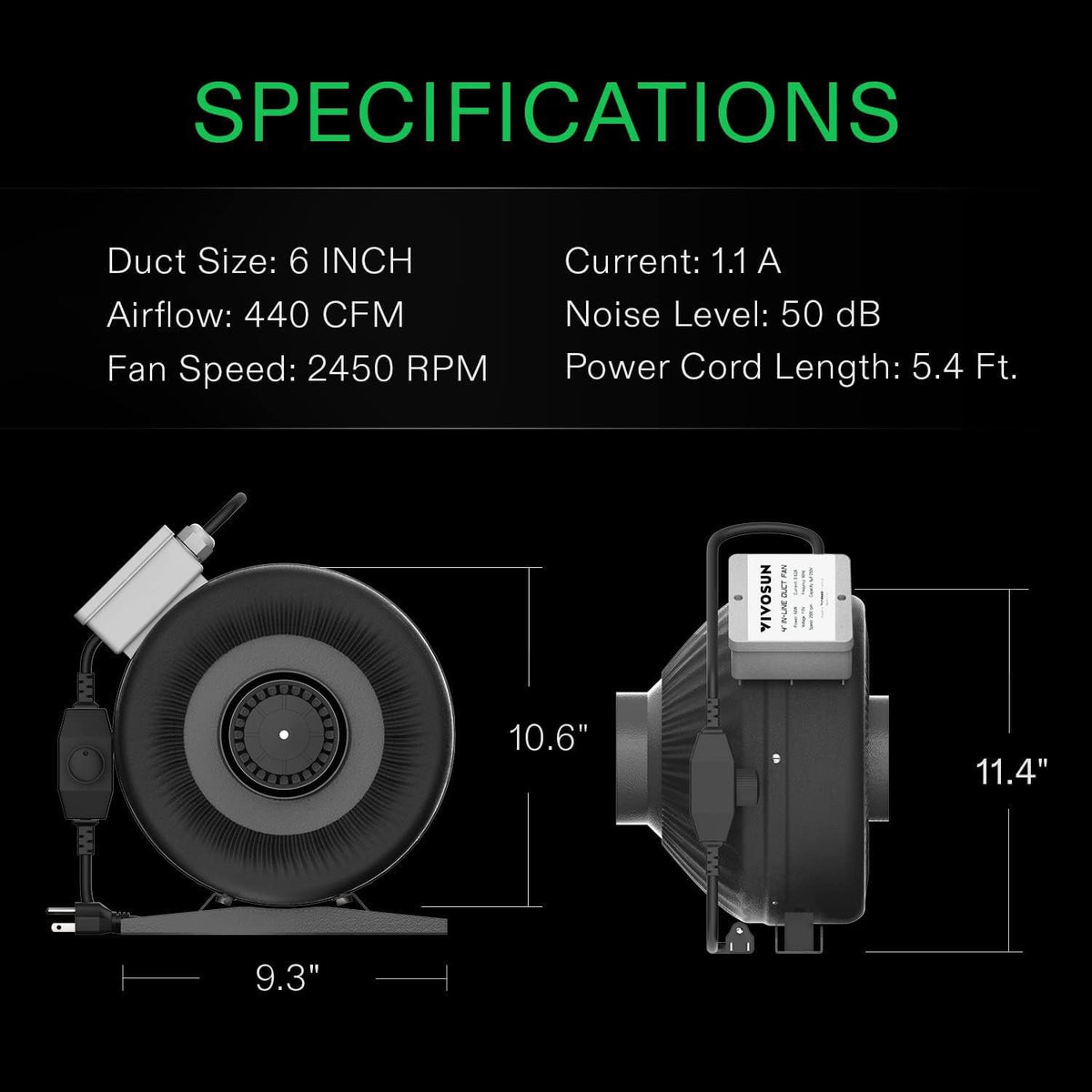 VIVOSUN Z6 6 Inch Inline Duct Fan, 440 CFM Ventilation Fan with Variable Speed Controller for Grow Tent, Indoor Garden Ventilation, Black - PuriLite