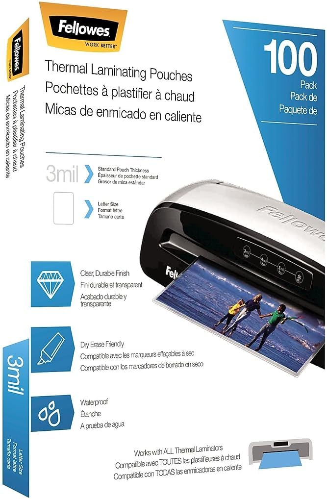 Fellowes Thermal Laminating Pouches, Letter Size Sheets 9 x 11.5-Inches, 3 mil, 200 Pack (5743401), Clear - PuriLite