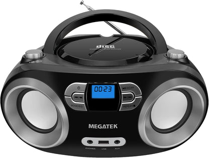 MEGATEK Portable CD Player Boombox with FM Radio, Bluetooth, USB Port, AUX Input, and Headphone Jack – CD-R/CD-RW/MP3-CD Compatible, Clear Stereo Sound, Backlit LCD Display – Black - PuriLite