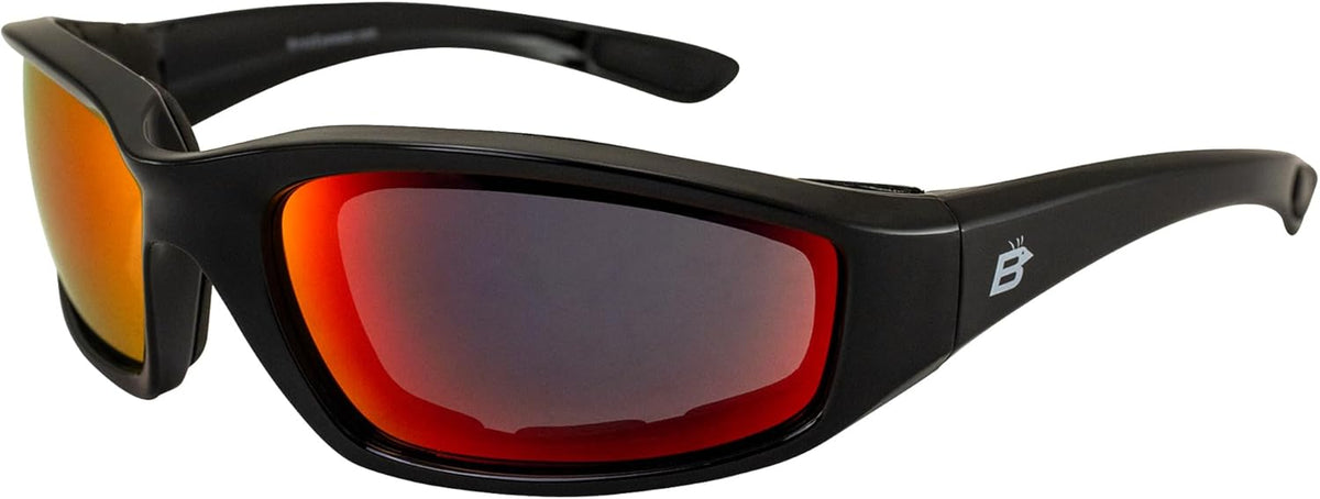 Birdz Eyewear Oriole Padded Motorcycle Riding Sunglasses Gloss Black Frames Red G-Tech Reflective Lenses - PuriLite