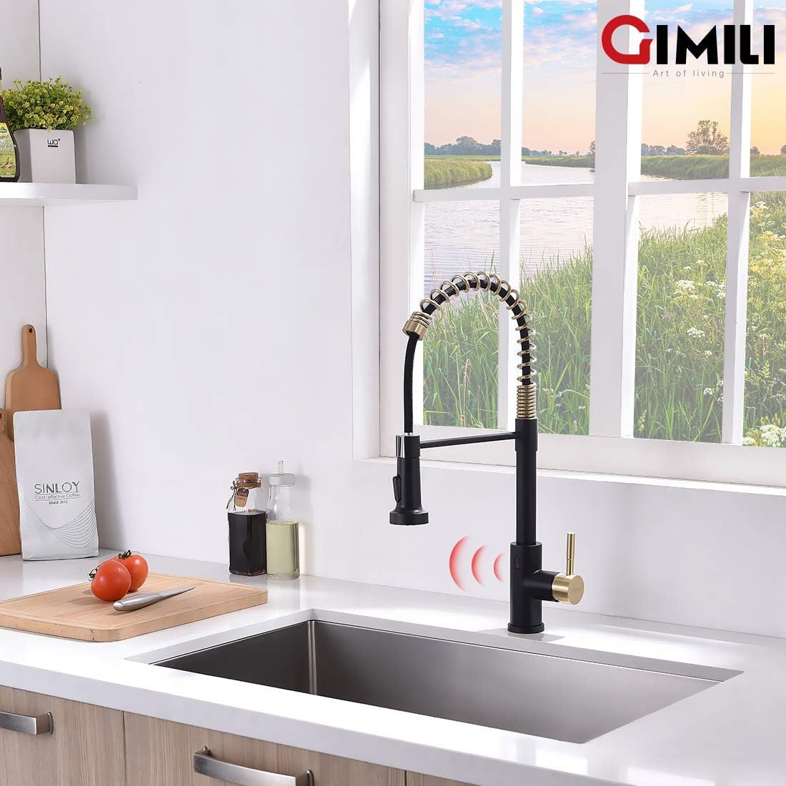 GIMILI Matte Black Kitchen Faucet with LED Light,Single Hole Spring Kitchen Sink Faucet with Pull Down Sprayer - PuriLite