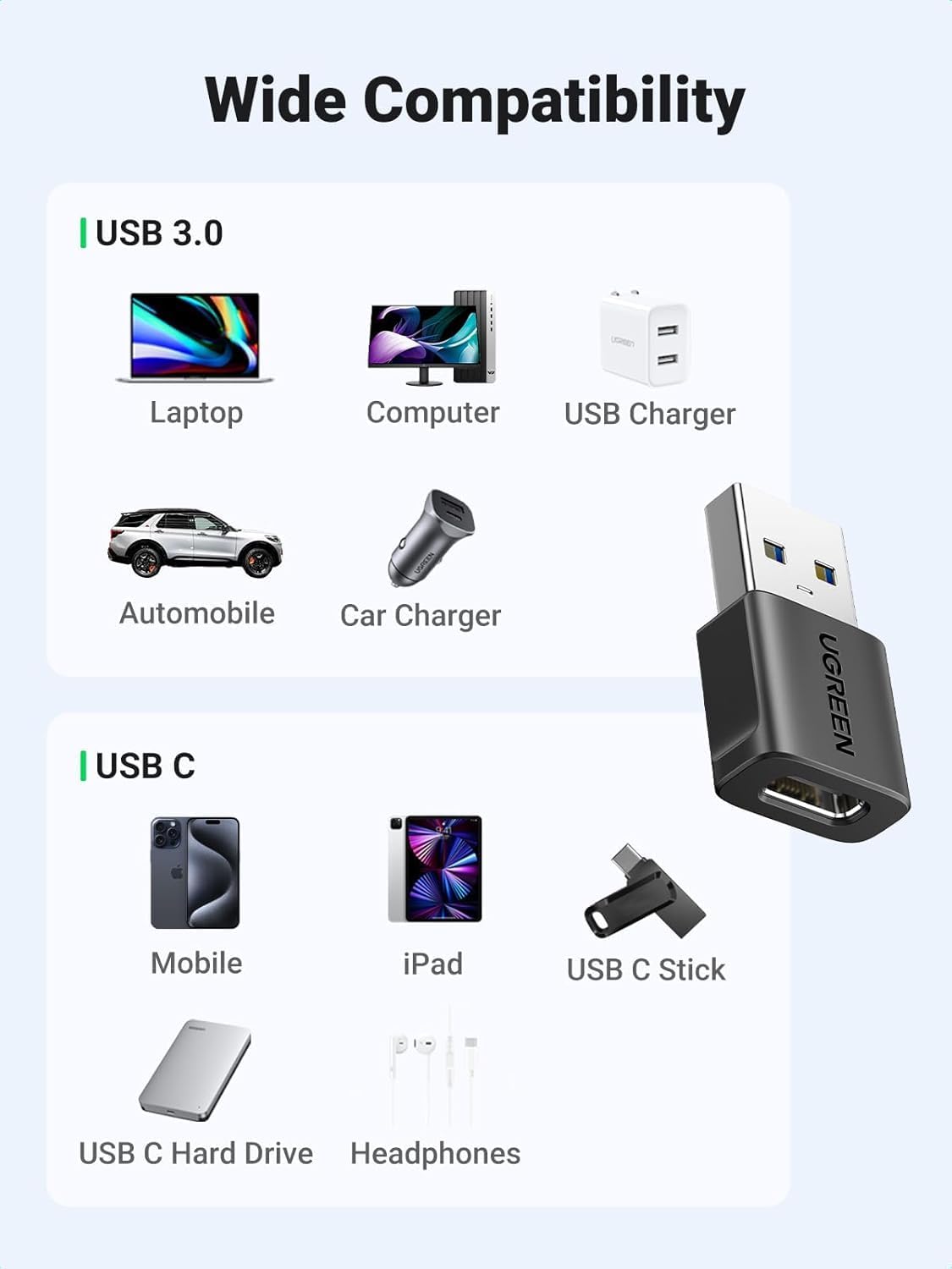 UGREEN USB to USB C Adapter 3 Pack, 10Gbps Data Transfer USB A to USB C Adapter Car Charger Adapter for iPad iPhone 16 15 Pro Max Galaxy S24 S23 Pad Air Mini, Car Play, PC/Laptop,Hard Drive Enclosure - PuriLite