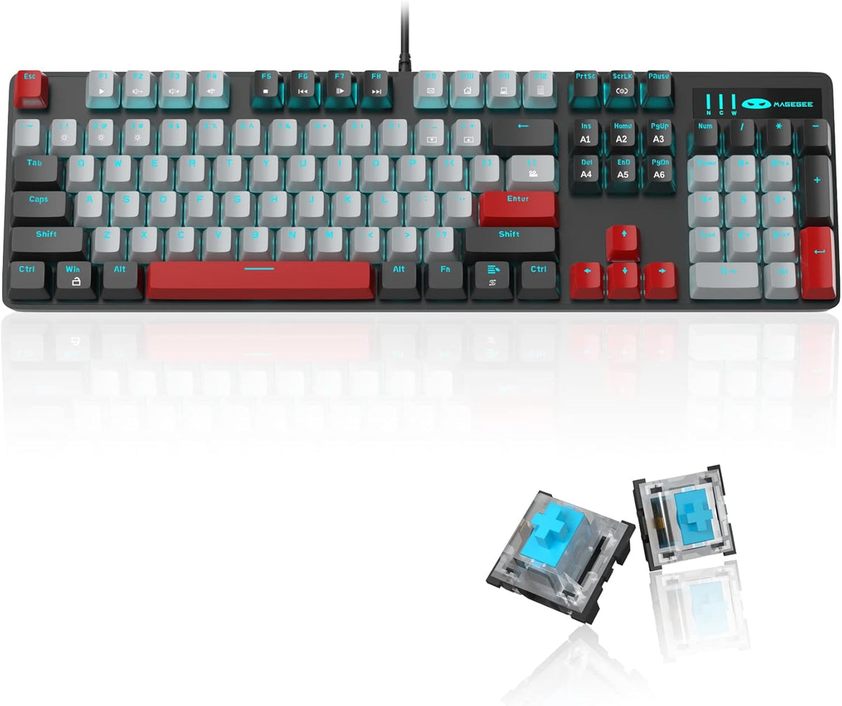 Mechanical Gaming Keyboard, 104 Keys White Backlit Mechanical Keyboards with Red Switches & Double-Shot Keycaps, MageGee Wired Ergonomic Computer Keyboard for Desktop, PC Gamers (White & Blue) - PuriLite