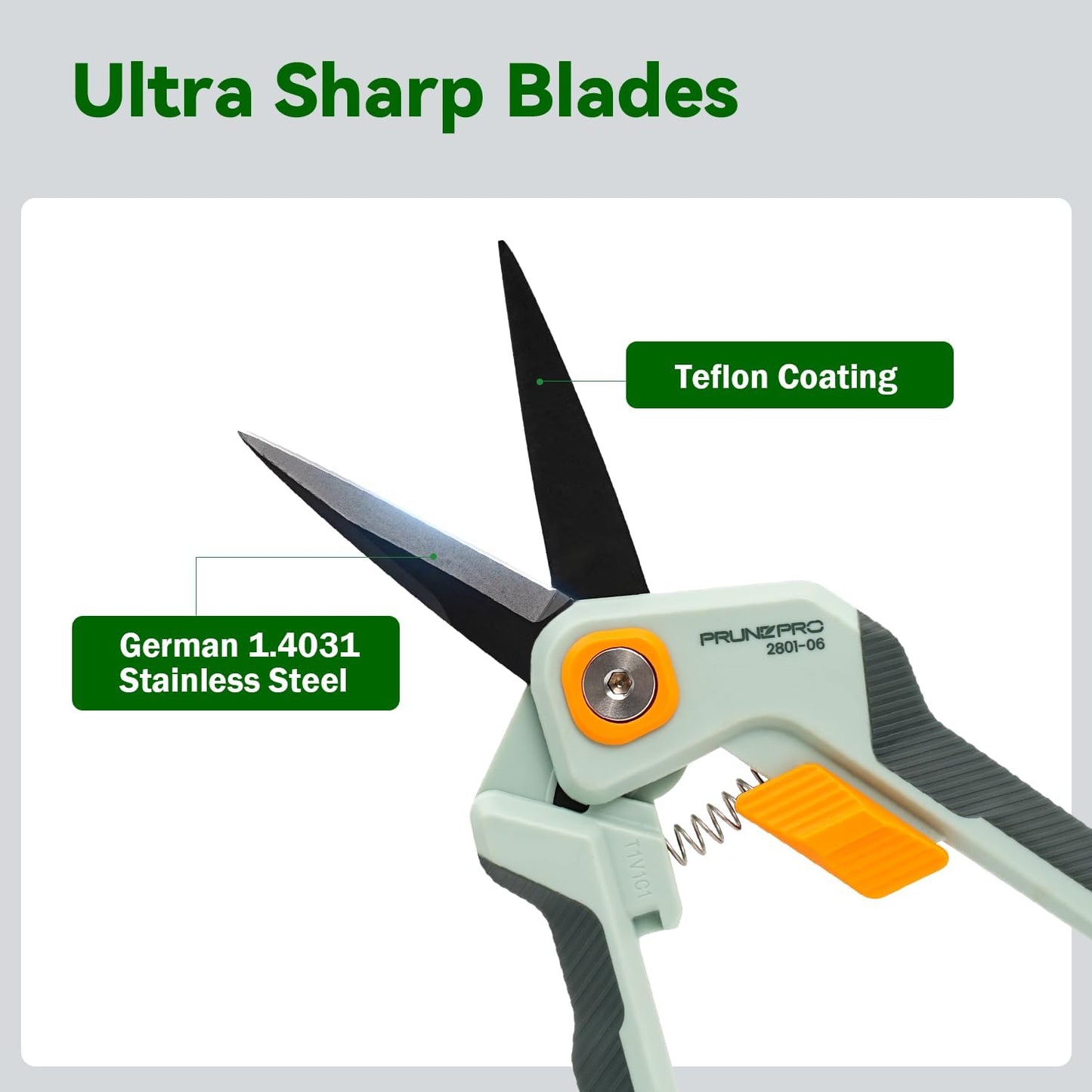 PrunePro Garden Scissors Pruning Shears Sharp Stainless Steel Non-Stick Teflon Coating Blade for Precise Cuts Garden Snip Bonsai Clippers for Plants Rose Flower - PuriLite
