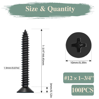 GOHODOMINO #4 x 1/2" Wood Screw 100Pcs, Stainless Steel 304 (18-8) Screws Flat Head Phillips Fast Self Tapping Drywall Screws Black Oxide - PuriLite
