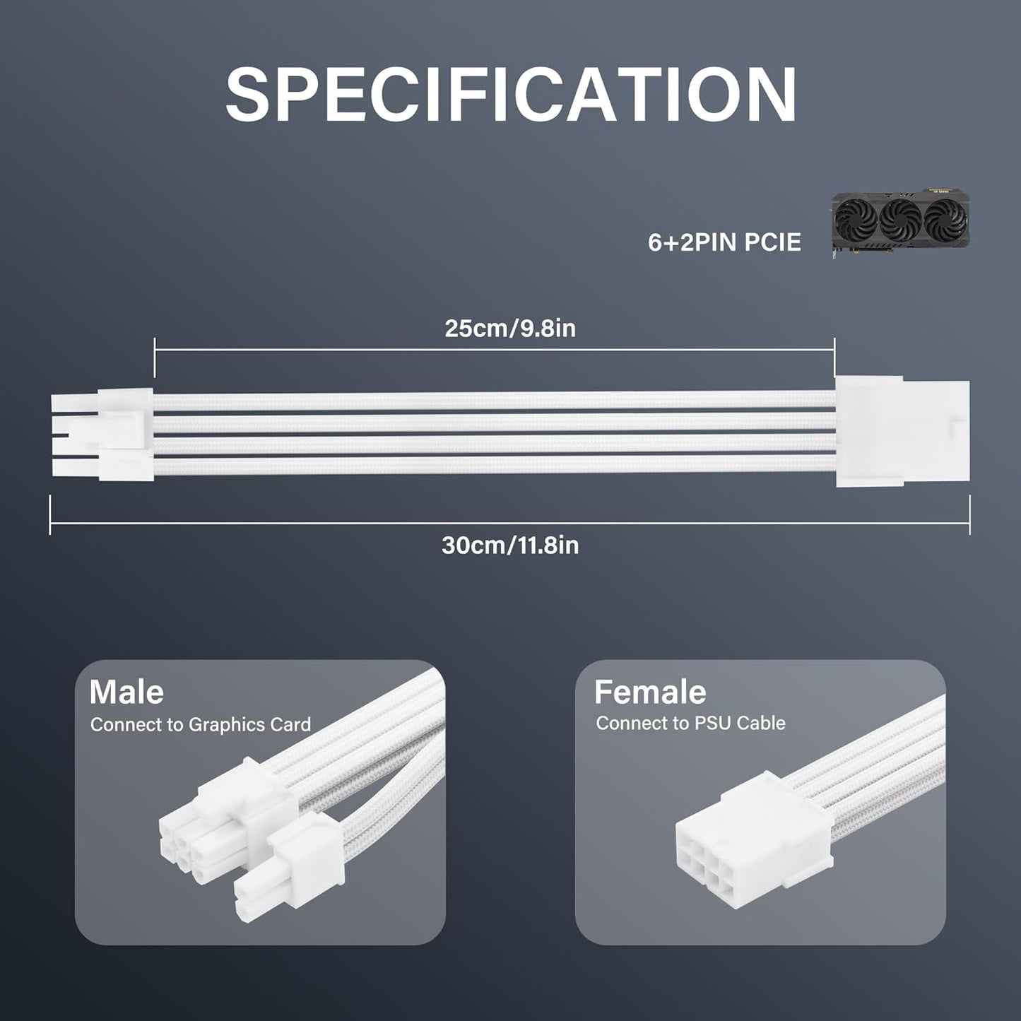 ELFJMZP 2PCS ATX 8PIN Famale to ATX 8PIN(6+2) Male Black Extension Cable Adaptor for PC Build High-End GPU Cable Layout - 30cm/11.8 in. (Black) - PuriLite