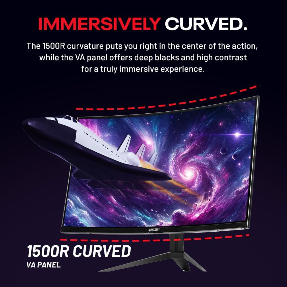 Skytech Gaming 27-inch Curved Gaming Monitor up to 180Hz, QHD 2K(2560 x 1440), 3.7ms Response Time, 1500R VA Panel, FreeSync & G-Sync Support, Swivel Tilt Height Pivot Adjustable, HDMI & DisplayPort - PuriLite