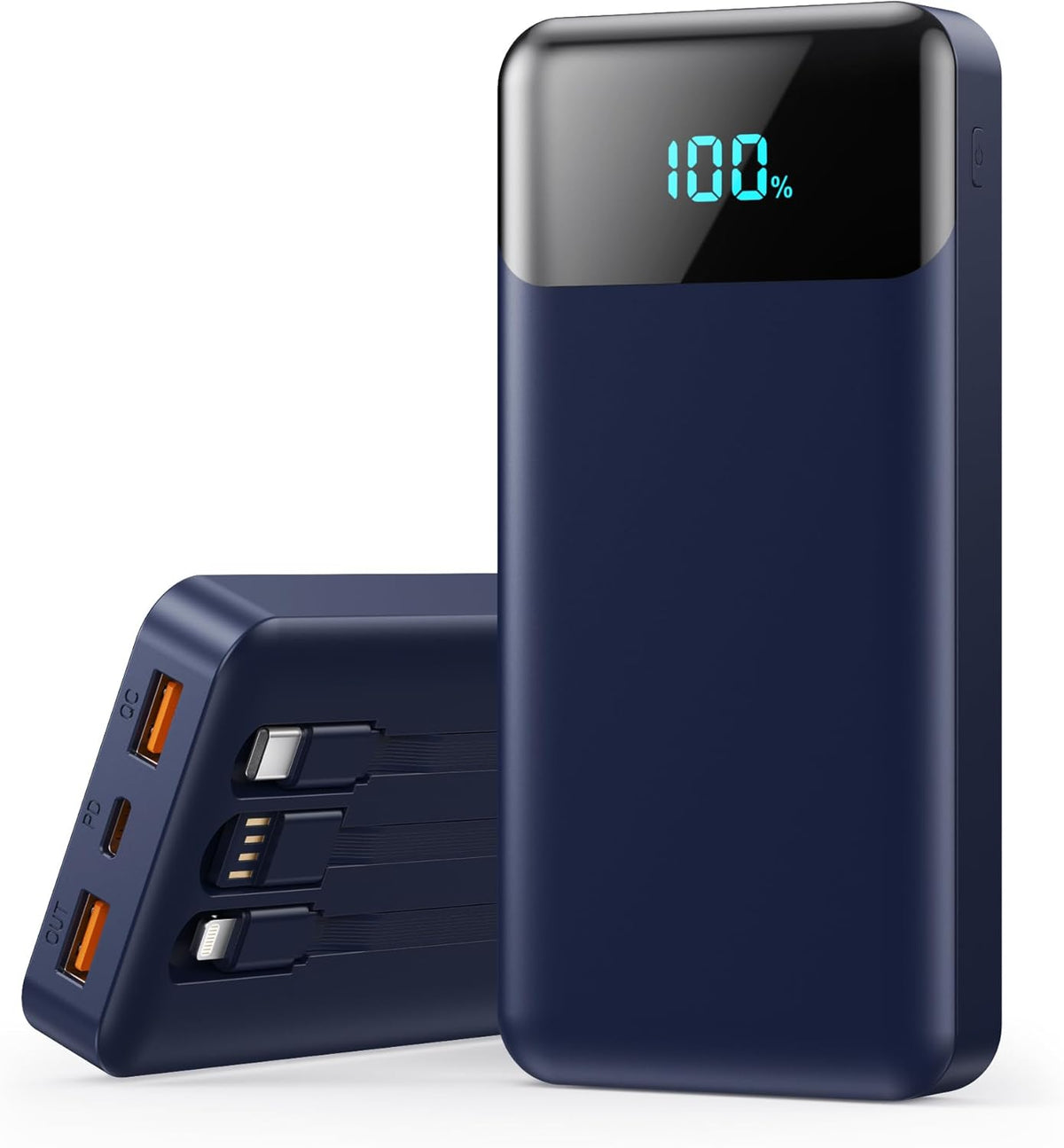 Power Bank 40800mAh Portable Charger with 3 Built-in Cable,25W PD USB C in&Out Power Bank Fast Phone Charging,QC4.0 LED Display Portable Battery Pack Compatible with iPhone 16/15,Samsung Android-Black - PuriLite
