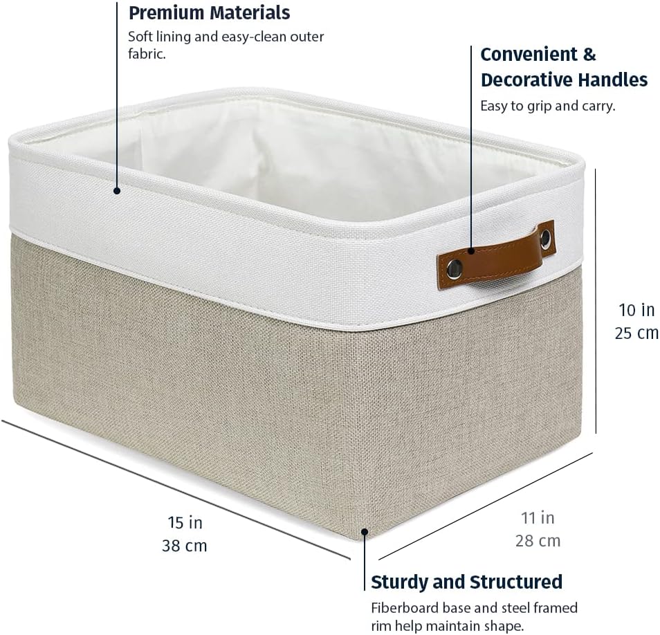 OrganiHaus Large Fabric Storage Baskets for Shelves 3 Pack, 15x11in Closet Storage Bins for Shelves, Cloth Baskets, Fabric Storage Cubes, Linen Closet Organizers, Fabric Basket, White Basket - PuriLite