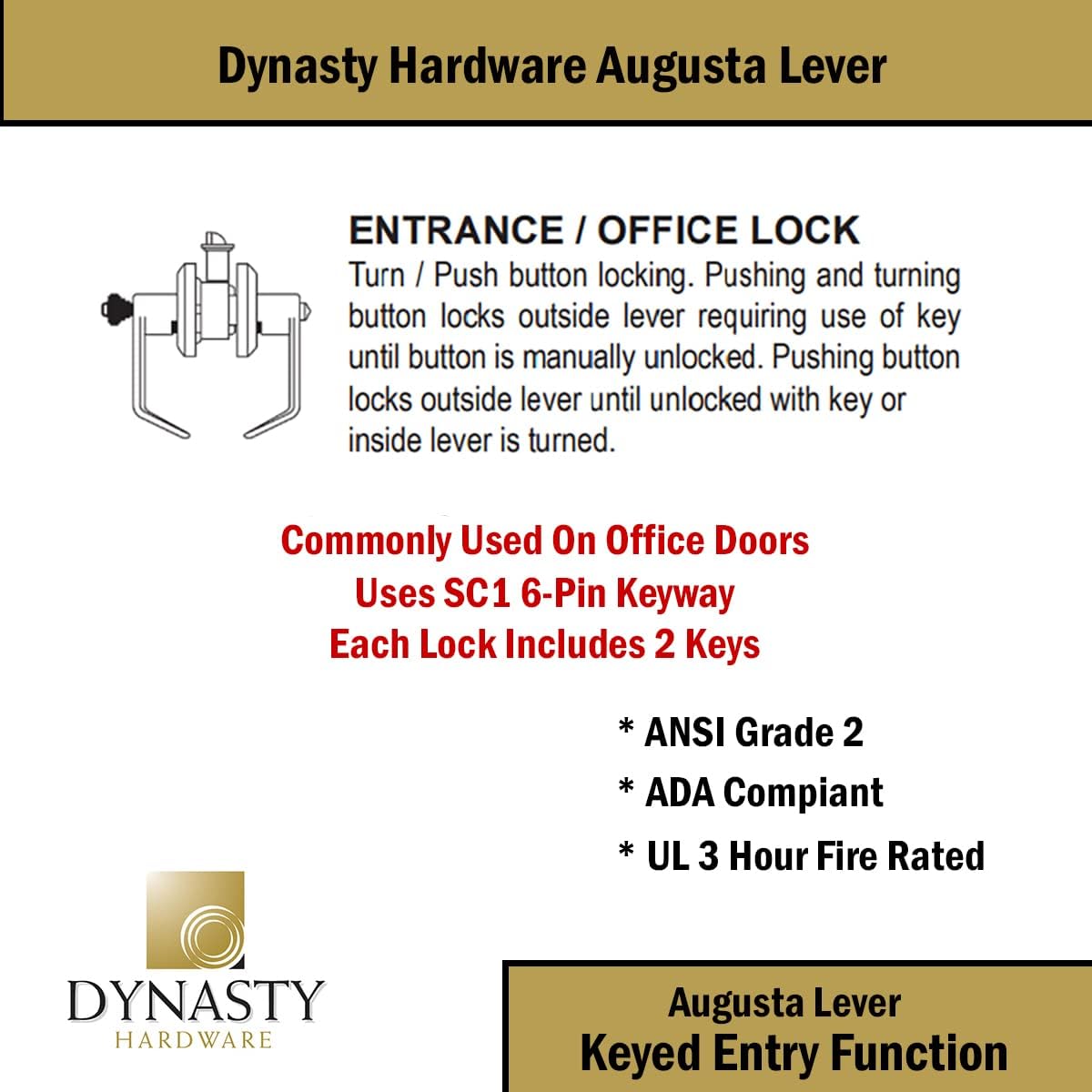 Dynasty Hardware AUG-00-26D Grade 2 Commercial Duty Office Door Keyed Lever Lockset, ADA, Satin Chrome Finish - PuriLite