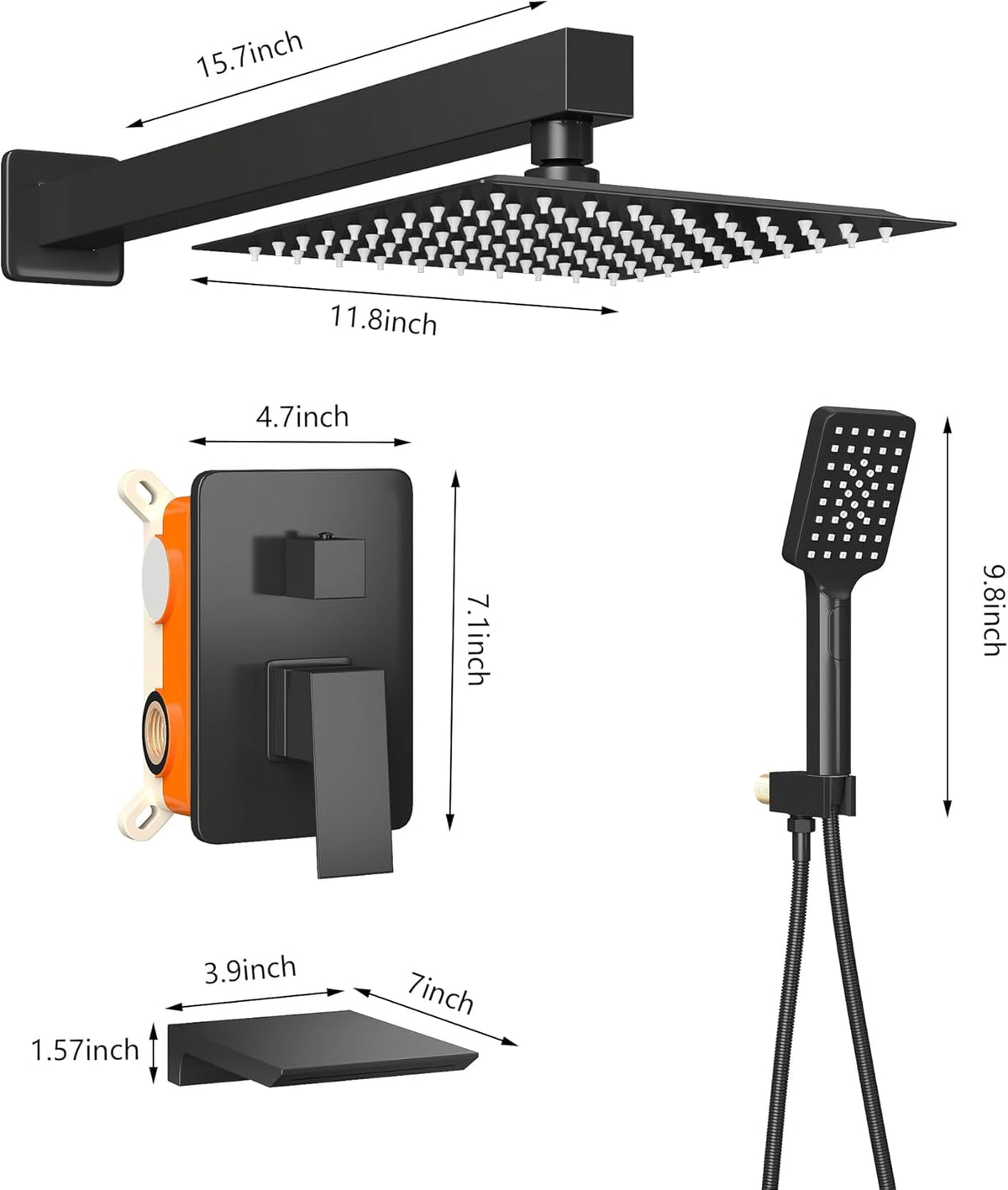 LCEVCGK Shower Faucet Set Complete Matte Black Shower System with 8 inch Square Rainfall Shower Head 3-Function Handheld Shower Waterfall Bathtub Spout Rain Shower Combo Set Bathroom Wall Mounted - PuriLite