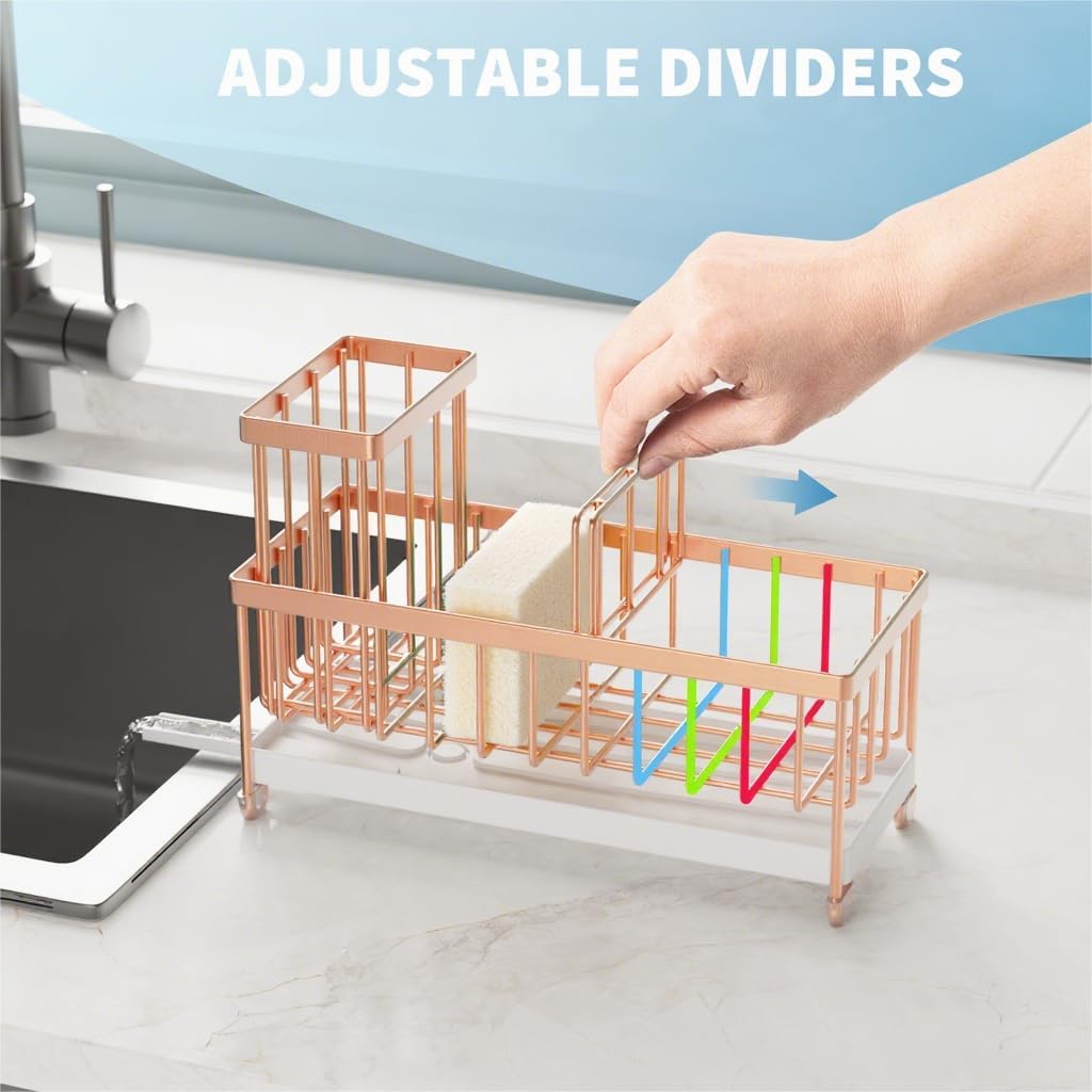 Cisily Sponge Holder for Kitchen Sink, Sink Caddy with High Brush Holder, Organzier Rustproof 304 Stainless Steel Dish Organizer Divider, Soap Dispenser Storage (Black) - PuriLite