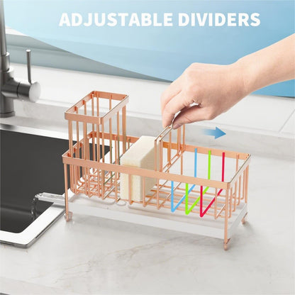 Cisily Sponge Holder for Kitchen Sink, Sink Caddy with High Brush Holder, Organzier Rustproof 304 Stainless Steel Dish Organizer Divider, Soap Dispenser Storage (Black) - PuriLite