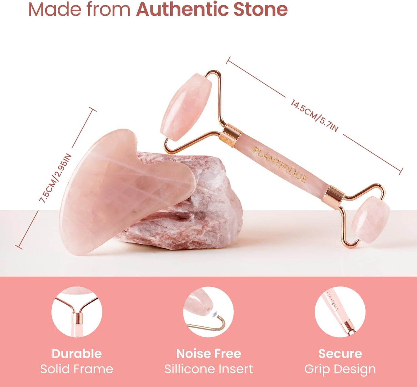 Plantifique Rose Quartz Gua Sha Facial Tool and Face Roller Set - Anti Aging Guasha Tool for Face, Eyes, Neck Massager for Lymphatic Drainage - Rouleau Visage