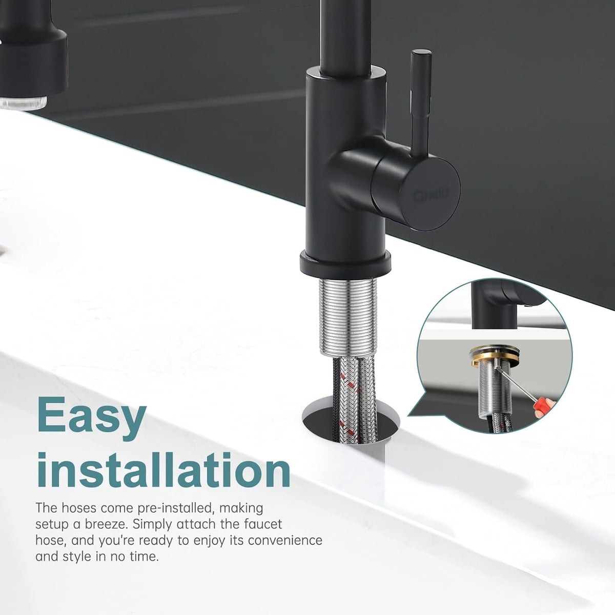 GIMILI Matte Black Kitchen Faucet with LED Light,Single Hole Spring Kitchen Sink Faucet with Pull Down Sprayer - PuriLite