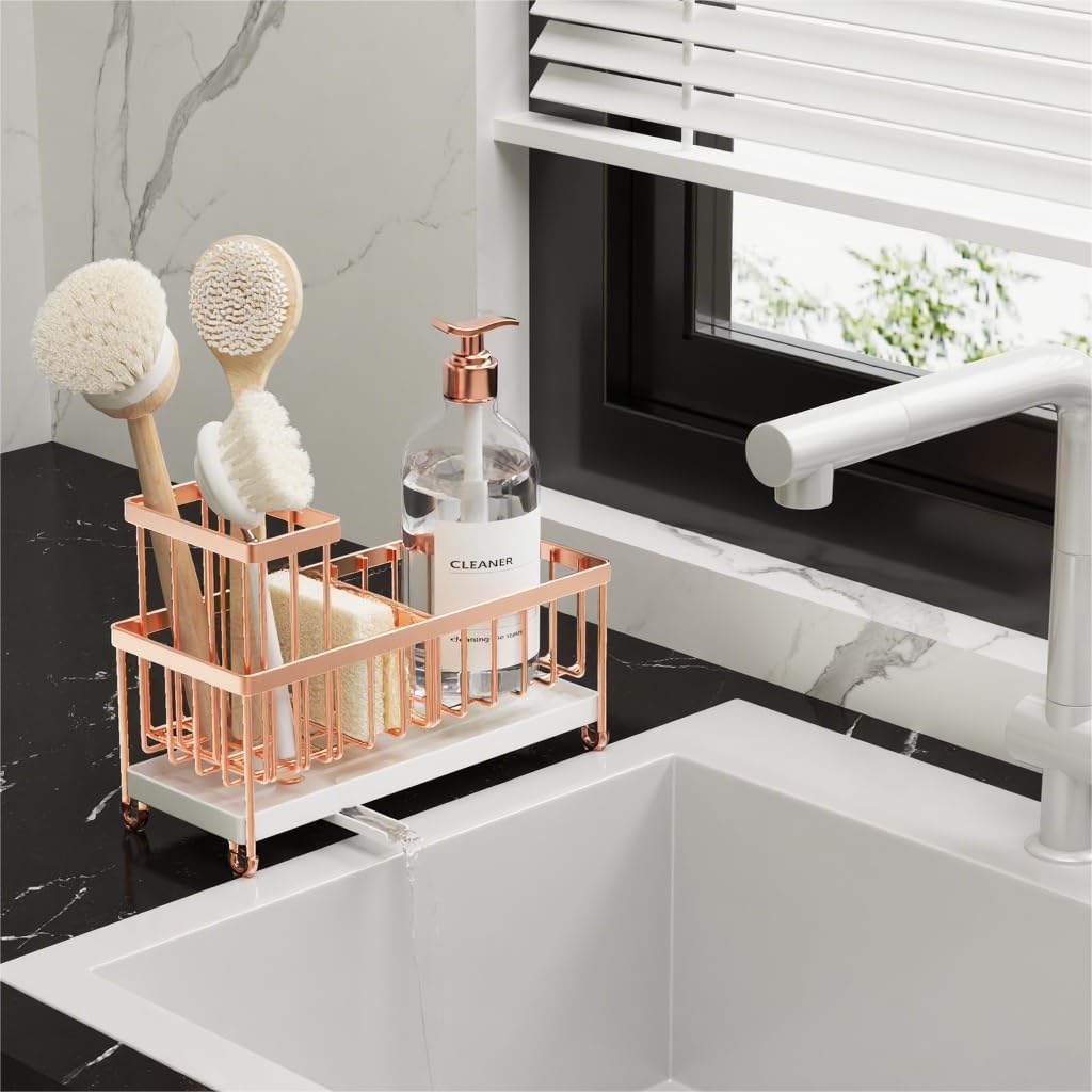 Cisily Sponge Holder for Kitchen Sink, Sink Caddy with High Brush Holder, Organzier Rustproof 304 Stainless Steel Dish Organizer Divider, Soap Dispenser Storage (Black) - PuriLite