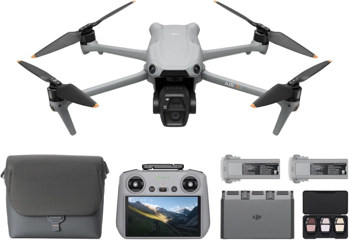 DJI Air 3S Fly More Combo (RC 2 Screen Remote Controller), Drone with 1" CMOS Wide-Angle & Medium Tele Camera for Adults, 4K/60fps, Omnidirectional Sensing & 3 Batteries for Extended Flight Time - PuriLite