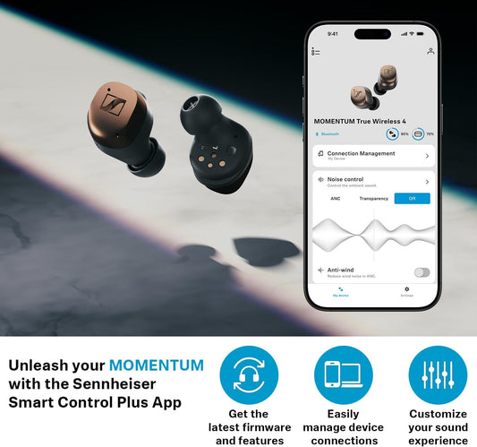 Sennheiser Momentum True Wireless 4 Smart Earbuds with Bluetooth 5.4, Crystal-Clear Sound, Comfortable Design, 30-Hour Battery Life, Adaptive ANC, LE Audio and Auracast - Black Graphite - PuriLite